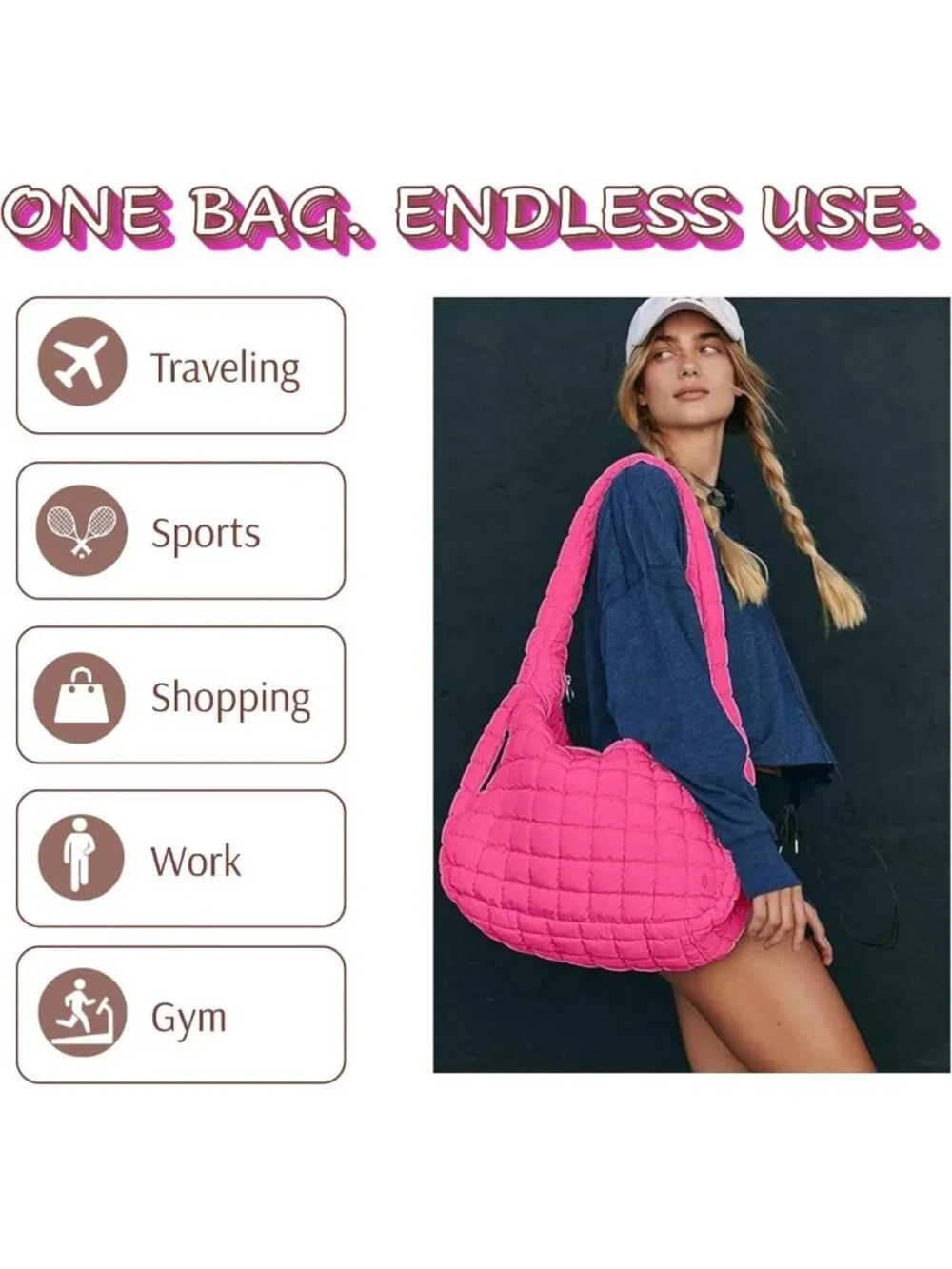 Lightweight Quilted Puffer Hobo Bag, Large Nylon Crossbody Tote with Zipper